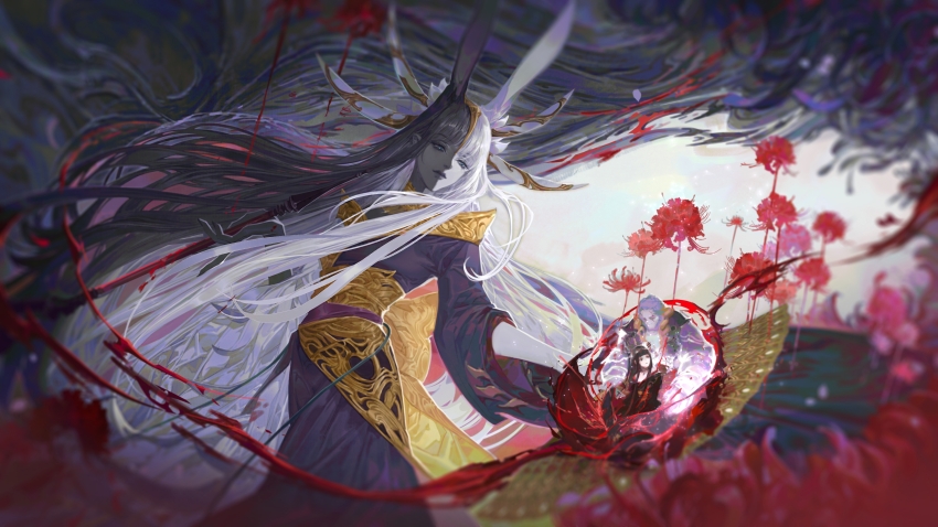 1boy, 2girls, absurdres, animal_ears, black_hair, black_skin, blood, blood_spray