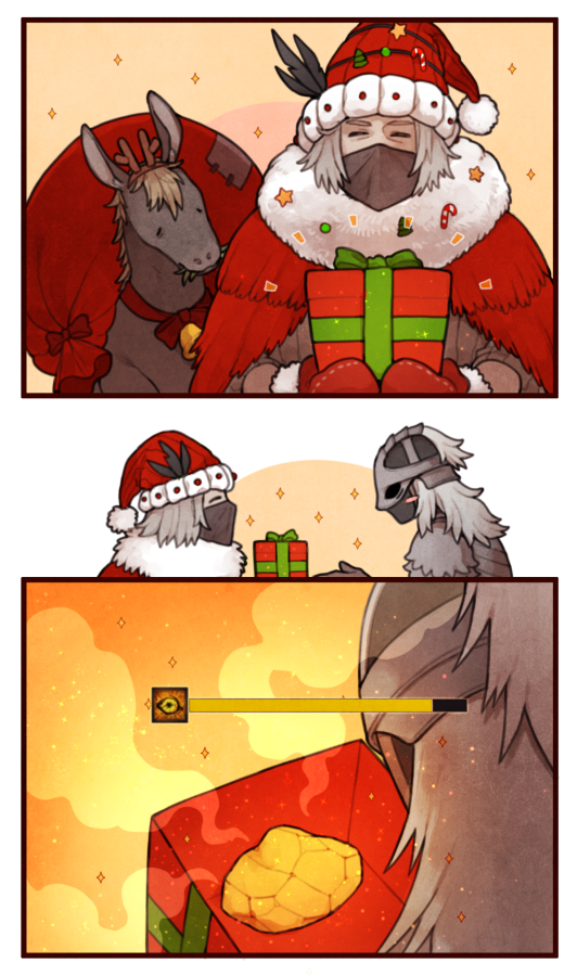 2boys, animal, armor, bell, box, christmas, cloak, donar0217, donkey, elden_ring, gift, gift_box, hat, helmet, merchant_kale, mittens, multiple_boys, parody, sack, santa_costume, santa_hat, smile, sparkle, tarnished_(elden_ring), white_hair