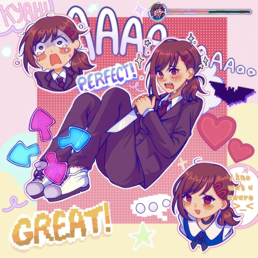 >_<, ..., 1girl, arrow_(symbol), bat_(animal), black_jacket, black_necktie, black_pants, black_ribbon, blush, brown_hair, chainsaw_man, collared_shirt, crying, crying_with_eyes_open, formal_clothes, hair_ornament, hairclip, health_bar, heart, higashiyama_kobeni, highres, holding, holding_knife, jacket, knife, looking_at_viewer, looking_to_the_side, medium_hair, mole, mole_under_eye, mole_under_mouth, multiple_moles, necktie, open_mouth, pants, ponytail, red_eyes, ribbon, roro_(roromiie206), shirt, shirt_tucked_in, short_ponytail, side_ponytail, single_sidelock, sparkle, star_(symbol), suit, suit_jacket, swept_bangs, tears, white_footwear, white_shirt