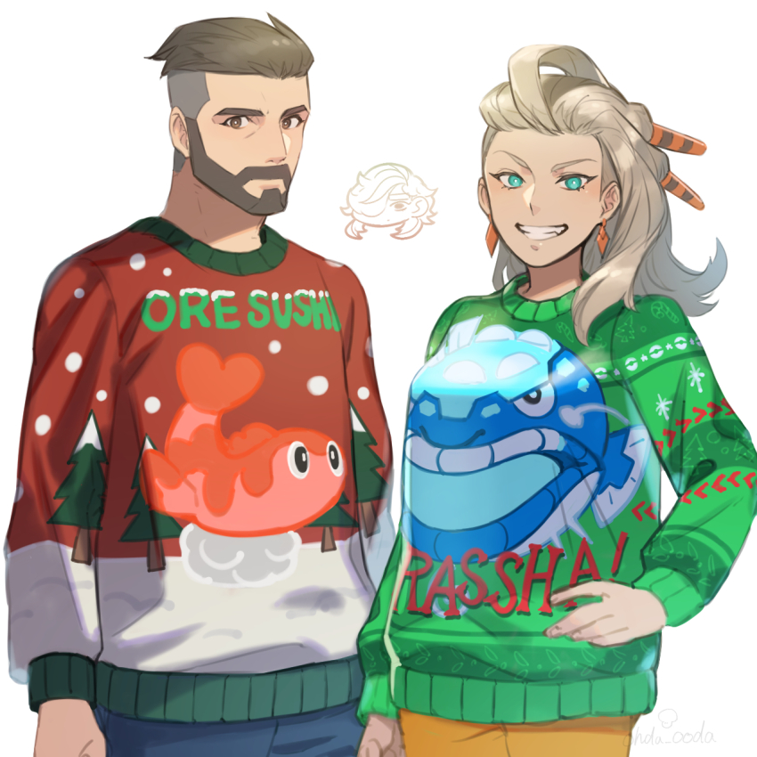 1boy, 1girl, alternate_costume, beard, bright_pupils, brown_eyes, brown_hair, christmas_sweater, closed_mouth, commentary_request, earrings, facial_hair, green_eyes, green_sweater, grin, hand_on_own_hip, highres, husband_and_wife, jewelry, long_sleeves, looking_at_viewer, nintendo, pants, pokemon, pokemon_scarlet_and_violet, print_sweater, professor_sada, saida_(ohda_ooda), short_hair, smile, sweater, teeth, professor_turo, undercut, white_background, white_pupils