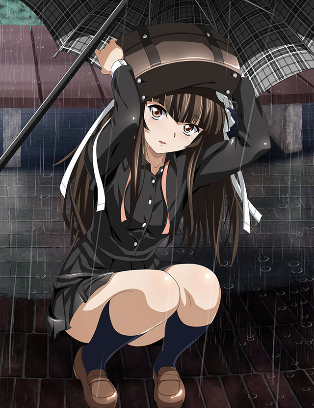 1girl, arms_up, bag, black_shirt, black_skirt, blue_socks, blunt_bangs, brown_eyes