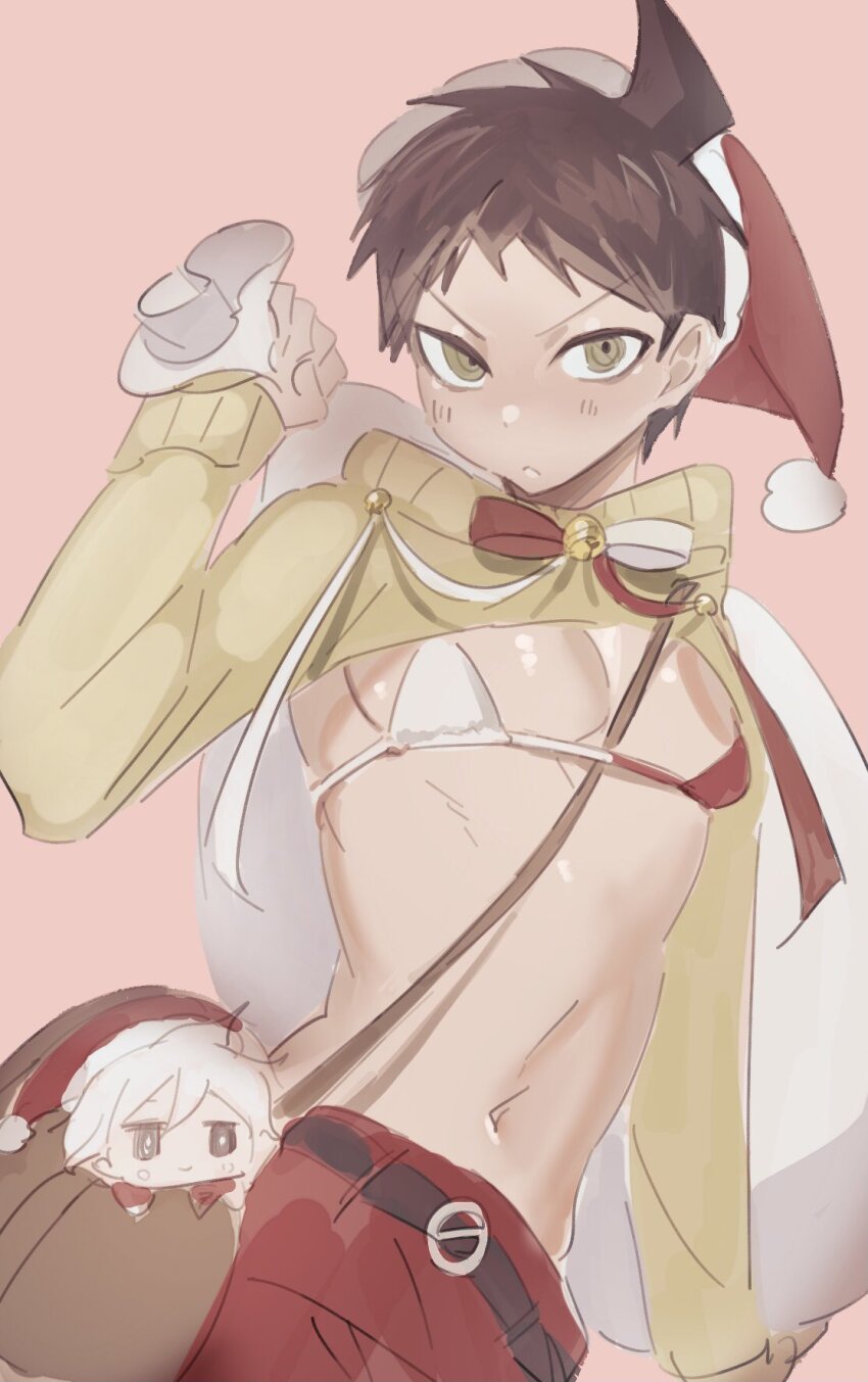 2boys, ahoge, bikini, blue-bell, blush, brown_background, brown_eyes, brown_hair