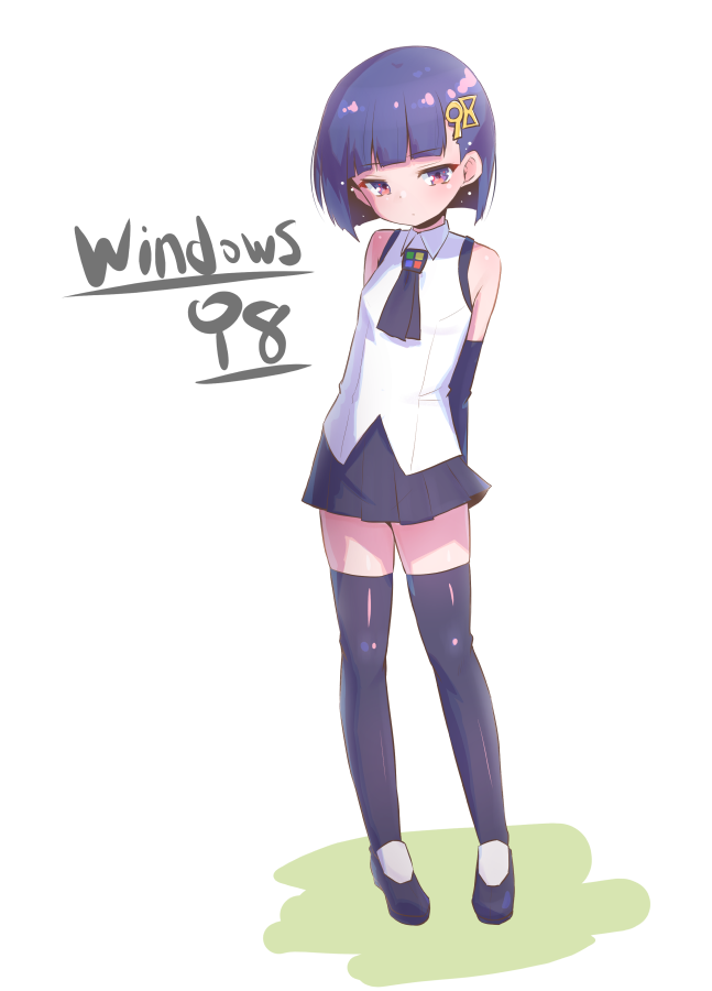 1girl, 98-tan, arms_behind_back, ascot, black_ascot, black_gloves, black_skirt, black_thighhighs, blue_hair, blunt_bangs, bob_cut, character_name, closed_mouth, collared_shirt, dot_mouth, dot_nose, elbow_gloves, full_body, gloves, hair_ornament, kinako_omochi, looking_at_viewer, miniskirt, number_hair_ornament, os-tan, pink_eyes, pleated_skirt, shirt, short_hair, simple_background, skirt, sleeveless, sleeveless_shirt, solo, standing, thighhighs, white_background, white_shirt, zettai_ryouiki