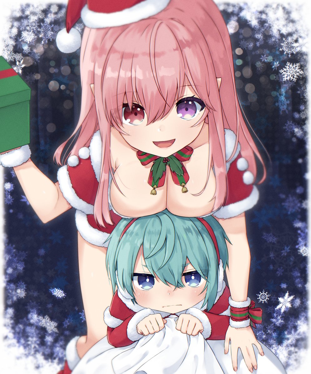 >:(, 1boy, 1girl, age_difference, annoyed, aqua_hair, arm_ribbon, armband