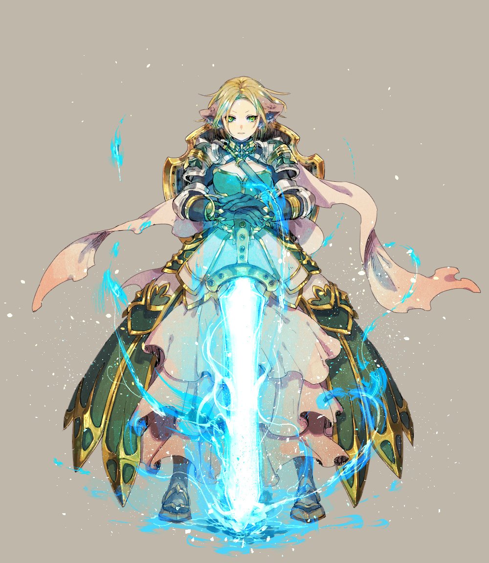 1girl, animal_ears, armor, armored_boots, armored_dress, black_gloves, blonde_hair, boots