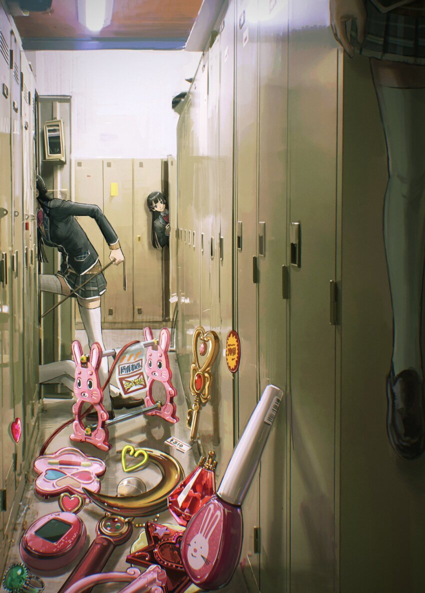 4girls, black_eyes, black_hair, black_jacket, blazer, blue_skirt, blunt_bangs, bow, bowtie, braid, brown_cardigan, cardigan, ceiling_light, clone, collared_shirt, fluorescent_lamp, hair_ornament, hairclip, half_up_braid, hanged, heart_wand, highres, holding, ikuta41, implied_suicide, jacket, jewelry, leaning_to_the_side, loafers, locker, locker_room, long_hair, looking_at_viewer, magical_girl, mirror, multiple_girls, nijisanji, opening_door, out_of_frame, pink_bow, pink_bowtie, plaid_clothes, plaid_skirt, ring, school_uniform, shirt, shoes, skirt, smile, star_wand, sticky_note, tamagotchi, tamagotchi_(virtual_pet), tamagotchi_meets, thighhighs, tsukino_mito, tsukino_mito_(1st_costume), virtual_pet_(toy), virtual_youtuber, white_shirt, white_thighhighs, zettai_ryouiki