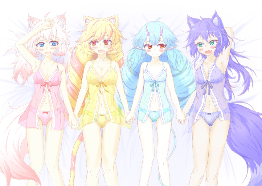 4girls, alternate_costume, babydoll, blonde_hair, blue_hair, blue_panties, breasts, cleavage