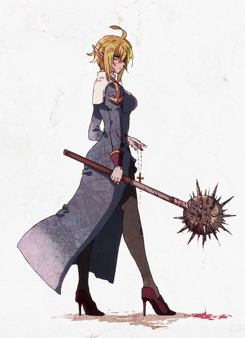 1girl, ahoge, black_thighhighs, blonde_hair, blood, blood_drip, blood_on_clothes, bloody_weapon