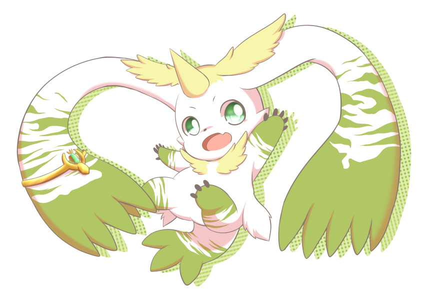 blonde_hair, commentary_request, digimon, digimon_(creature), ear_ornament, fang, full_body, gem