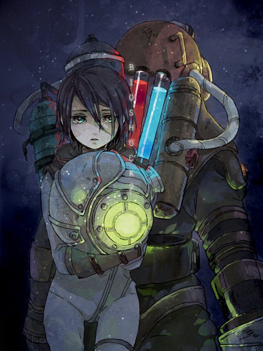 1boy, 1girl, back-to-back, big_daddy_(bioshock), bioshock, bioshock_(series), bioshock_2, black_hair, bodysuit, commentary_request, copyright_name, cowboy_shot, diving_helmet, diving_suit, eleanor_lamb, green_eyes, hair_between_eyes, helmet, holding, holding_unworn_helmet, open_mouth, oxygen_tank, short_hair, subject_delta, tokio_(okt0w0), unworn_helmet, vial, wetsuit