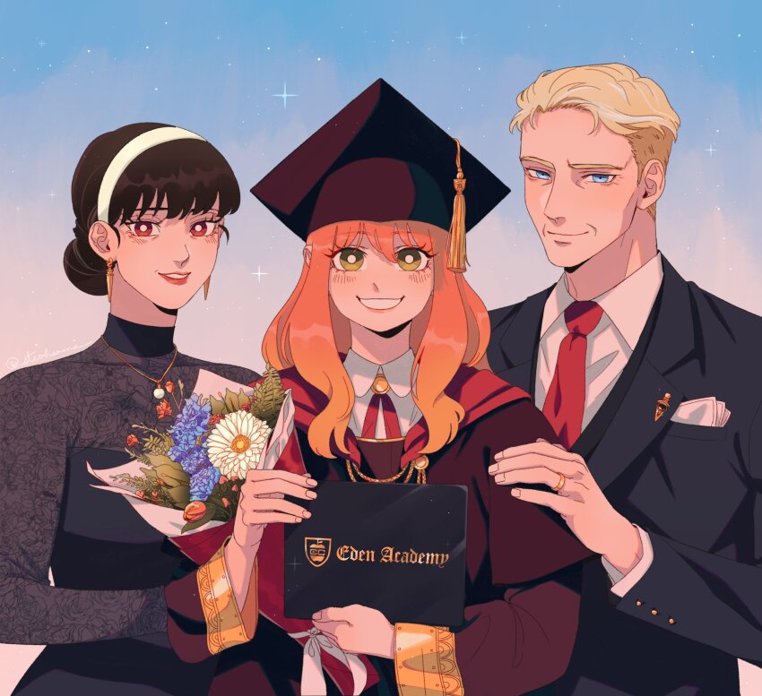 1boy, 2girls, adoptive_parent_and_adoptive_child, aged_up, anya_(spy_x_family), black_dress, black_hair, black_suit, blonde_hair, blue_eyes, cape, dress, dress_shirt, earrings, eden_academy_school_uniform, family, father_and_child, father_and_daughter, formal_clothes, gold_earrings, graduation, green_eyes, hairband, hat, highres, husband_and_wife, jewelry, long_hair, long_sleeves, looking_at_viewer, mortarboard, mother_and_child, mother_and_daughter, multiple_girls, necktie, open_mouth, parent_and_child, pink_hair, red_cape, red_eyes, red_necktie, school_uniform, shirt, short_hair, sidelocks, smile, spy_x_family, steohsama, suit, twilight_(spy_x_family), white_hair, white_shirt, yor_briar