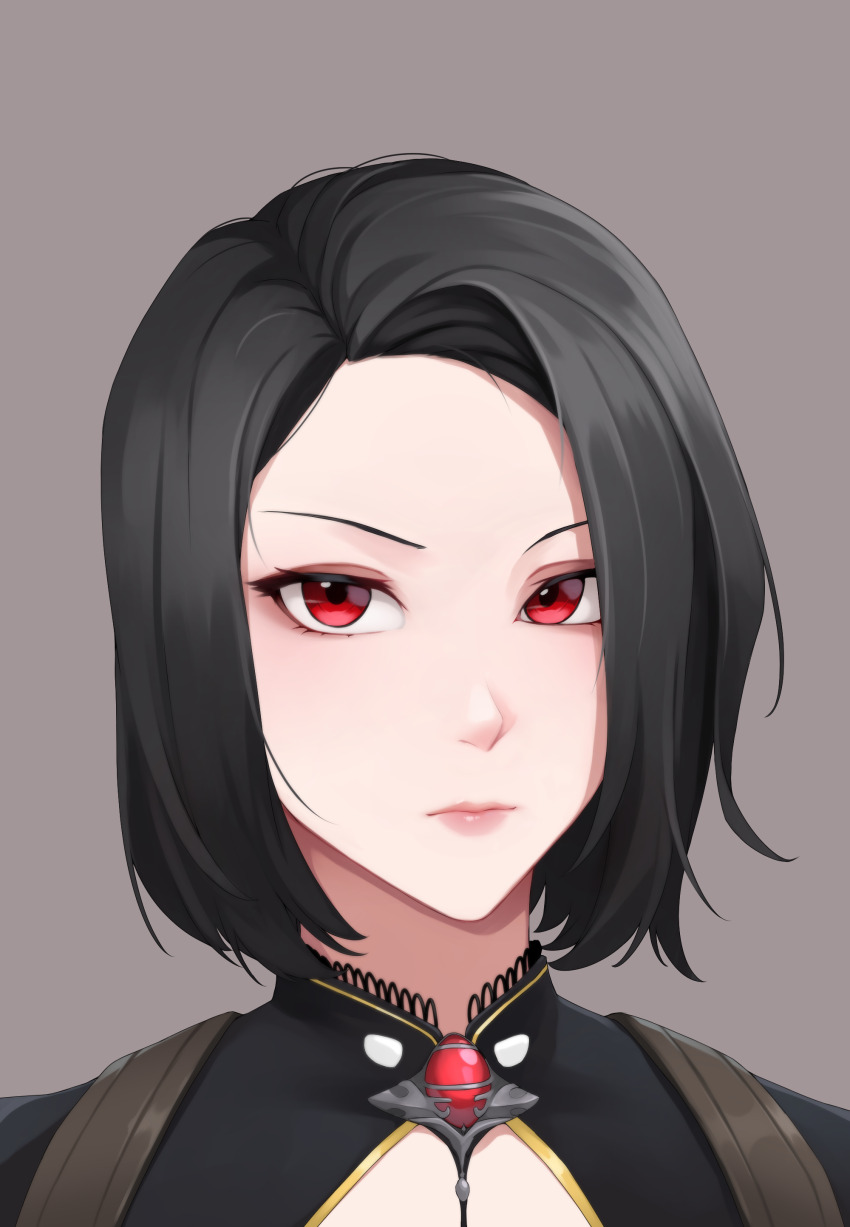 1girl, absurdres, anna_buckler, black_hair, black_shirt, brooch, call_of_duty, call_of_duty:_mobile, closed_mouth, collared_shirt, commentary, english_commentary, gem, grey_background, highres, jewelry, looking_at_viewer, narchiart, nose, pink_lips, portrait, red_eyes, red_gem, shirt, short_hair, simple_background, solo, tsurime, upper_body