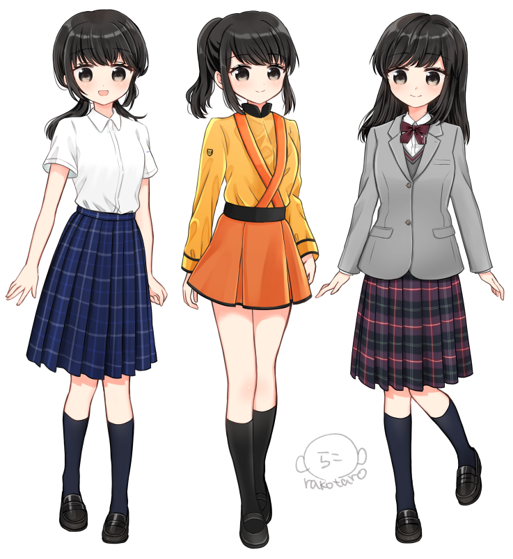 3girls, arm_at_side, artist_name, black_collar, black_eyes, black_hair, black_socks, blazer