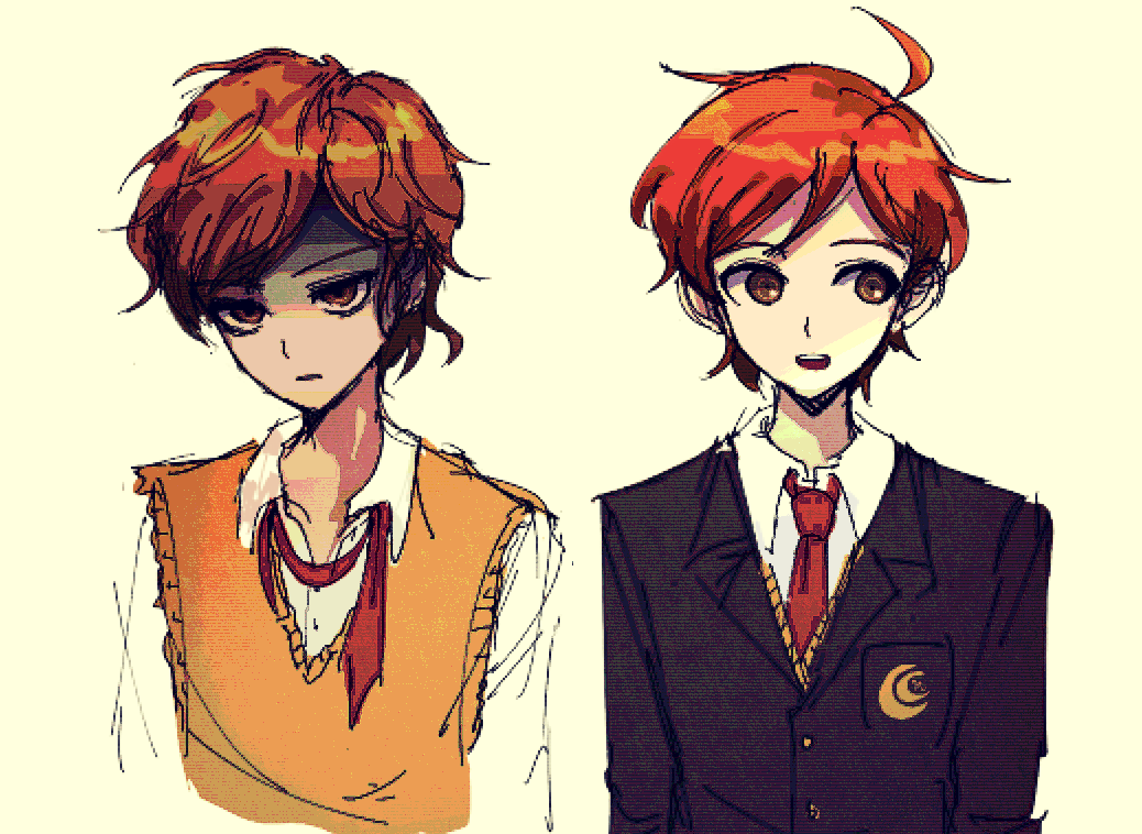2boys, ahoge, atoymk, black_jacket, brown_eyes, commentary_request, danganronpa_another, jacket