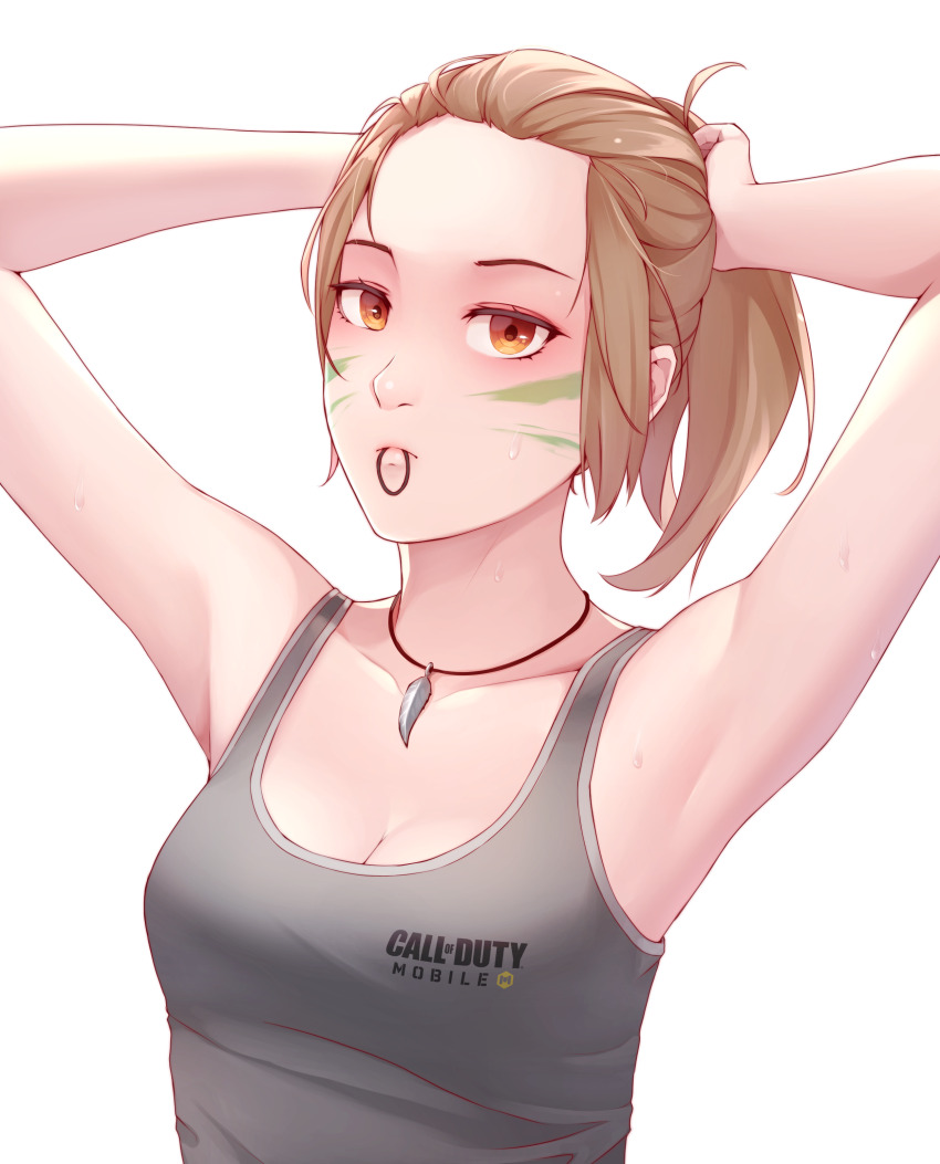 1girl, absurdres, armpits, arms_up, bare_arms, bare_shoulders, breasts, brown_eyes