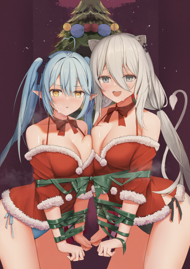 2girls, alternate_costume, animal_ears, bikini, black_bikini, blue_bikini, blue_hair, blush, breast_press, breasts, christmas, christmas_costume, christmas_ornaments, dress, grey_eyes, hololive, large_breasts, long_hair, multiple_girls, open_mouth, panties, pine_tree, pointy_ears, pov, presenting, ribbon, santa_costume, santa_dress, shishiro_botan, smile, swimsuit, tail, tree, twintails, underwear, virtual_youtuber, wasami_(a27678193a), white_hair, yellow_eyes, yukihana_lamy