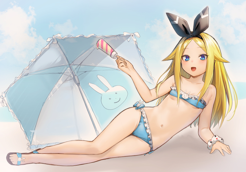 1girl, absurdres, alice_(moyori), alice's_adventures_in_wonderland, beach_umbrella, bikini, blonde_hair, blue_bikini