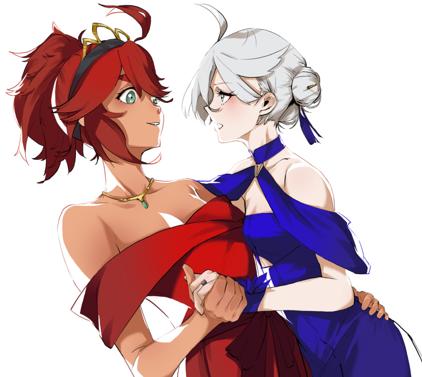 2girls, ahoge, aqua_eyes, blue_dress, commentary_request, dancing, dark-skinned_female, dark_skin