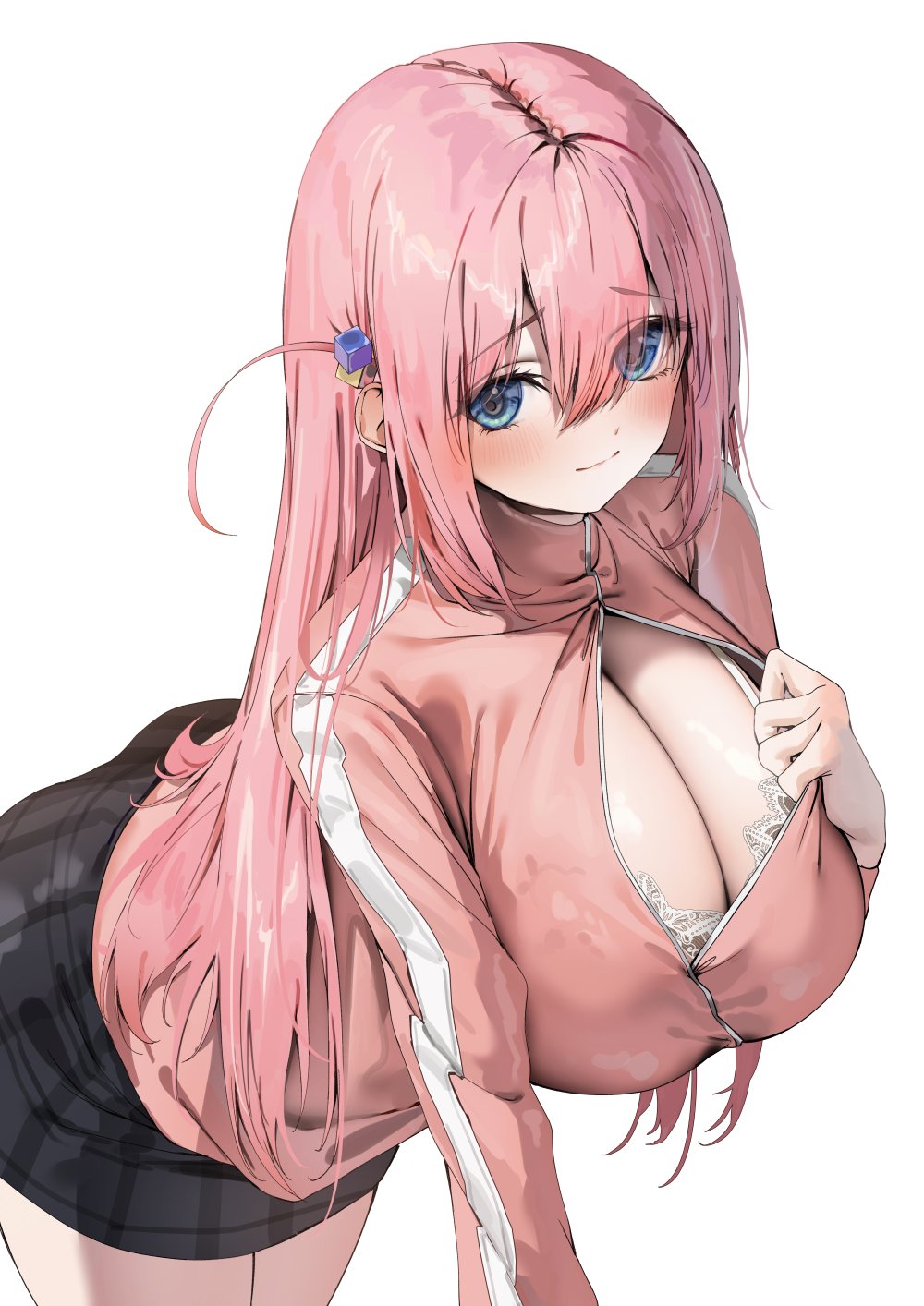 1girl, alternate_breast_size_(larger), aqua_eyes, bent_over, black_skirt, blush, bocchi_the_rock!, bra