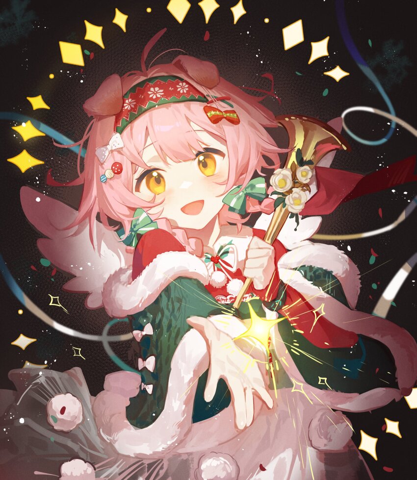 1girl, :d, absurdres, ahoge, animal_ears, arknights, bow, braid, braided_hair_rings, capelet, cat_ears, commentary_request, flower, fur-trimmed_capelet, fur_trim, goldenglow_(arknights), goldenglow_(maiden_for_the_bright_night)_(arknights), green_bow, green_capelet, hair_bow, hair_ornament, hair_rings, hairclip, highres, holding, holding_umbrella, instrument, looking_at_viewer, mao_rong_xingqiu, open_mouth, orange_eyes, pink_hair, red_sweater, skirt, smile, solo, striped_bow, sweater, trumpet, twin_braids, umbrella, white_flower, white_skirt, white_wings, wings, x_hair_ornament