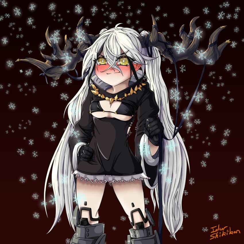 1girl, absurdres, ahoge, antlers, armored_boots, artist_name, bikini, bikini_top_only