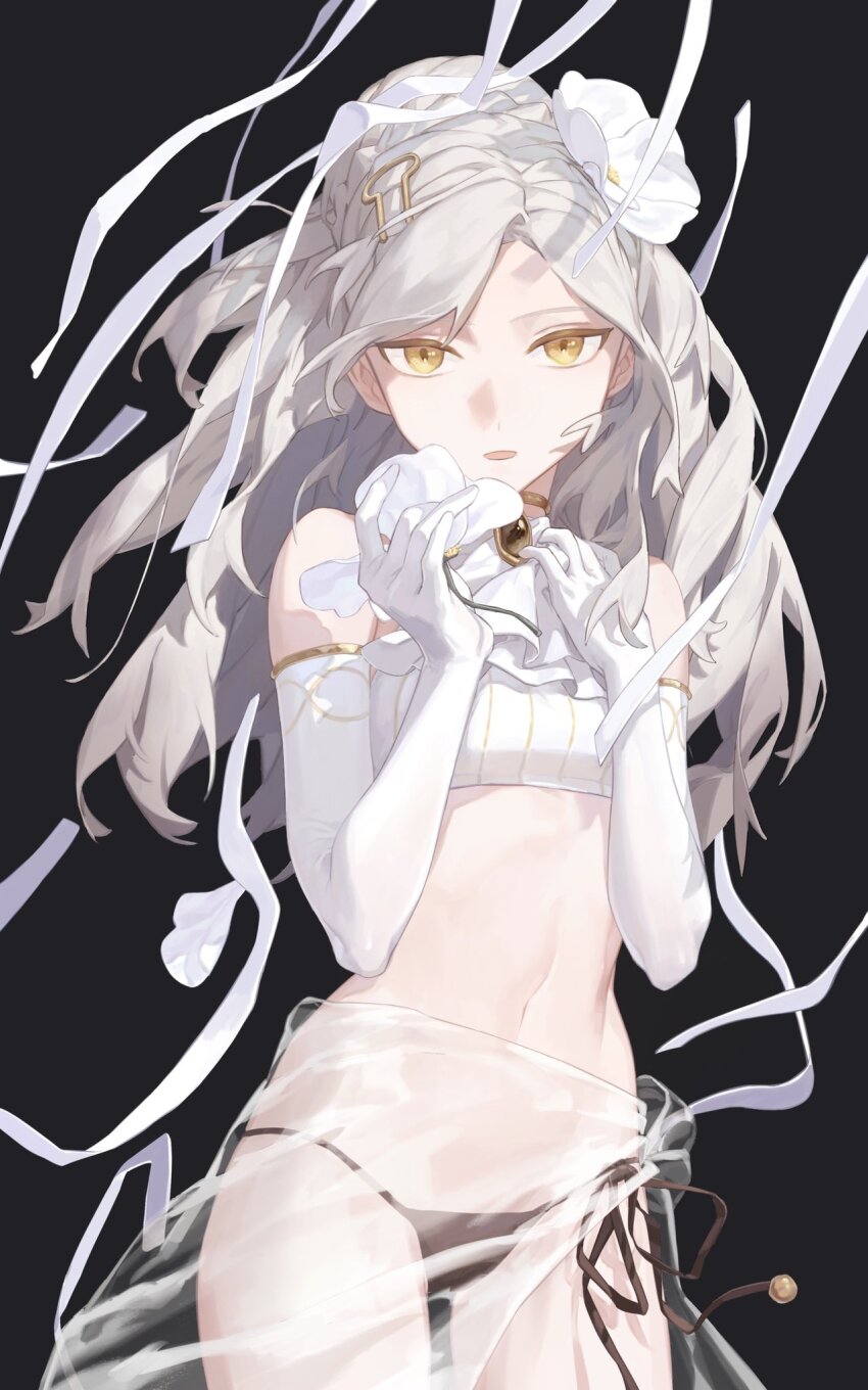 1girl, alchemy_stars, bare_shoulders, bikini, black_background, braid, breasts, brooch, carleen_(alchemy_stars), carleen_(sea_breeze)_(alchemy_stars), cowboy_shot, elbow_gloves, flower, gloves, hair_flower, hair_ornament, hand_on_own_chest, highres, holding, holding_flower, jewelry, long_hair, looking_at_viewer, mismatched_bikini, navel, open_mouth, sarong, see-through_clothes, see-through_sarong, side-tie_bikini_bottom, simple_background, small_breasts, solo, swimsuit, taki_xi, white_gloves, white_hair, yellow_eyes