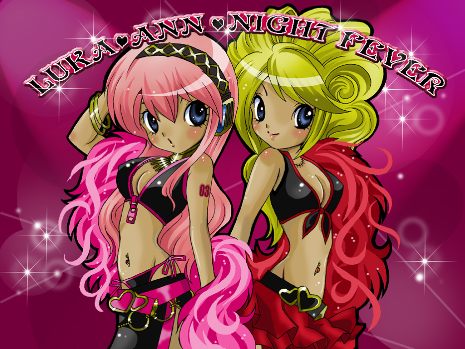 2girls, alternate_costume, aqua_eyes, belt, blonde_hair, blue_eyes, commentary, headphones