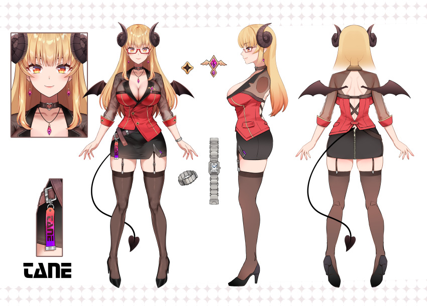 absurdres, blonde_hair, breasts, choker, demon_girl, demon_horns, demon_tail, demon_wings
