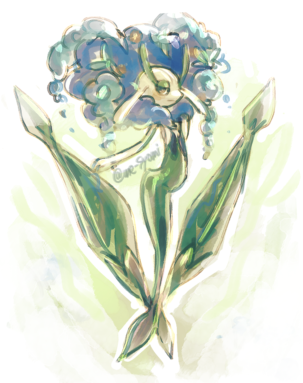 1girl, arm_behind_head, arm_up, artist_name, big_hair, blue_flower, blue_hair, blush