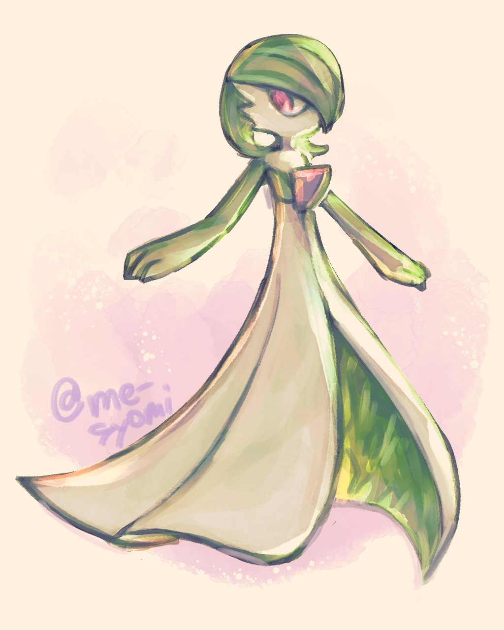 1girl, artist_name, bob_cut, colored_skin, female_focus, flat_chest, full_body, gardevoir, gen_3_pokemon, green_hair, green_skin, highres, looking_to_the_side, me_syomi, multicolored_skin, nintendo, no_mouth, orange_background, pokemon, pokemon_(creature), red_eyes, short_hair, signature, simple_background, sketch, solo, twitter_username, two-tone_skin, white_skin