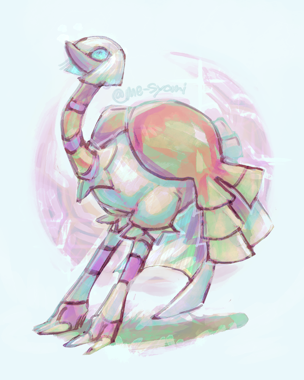 animal_focus, artist_name, bird, blue_background, blue_eyes, bob_cut, claws, espathra, full_body, grass, grey_hair, highres, me_syomi, nintendo, no_humans, ostrich, pokemon, pokemon_(creature), short_hair, sidelocks, signature, sketch, solo, standing, twitter_username, wide-eyed