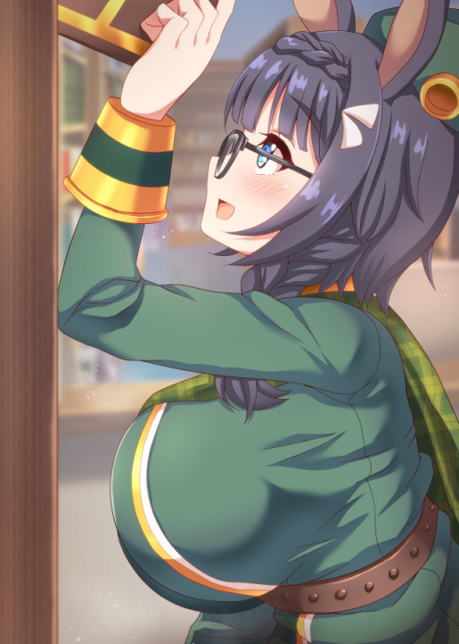 1girl, animal_ears, belt, beret, blue_eyes, blush, book, bookshelf, breasts, commentary_request, glasses, hat, horse_ears, horse_girl, horse_tail, ikue_fuuji, large_breasts, library, long_hair, looking_to_the_side, open_mouth, solo, tail, umamusume, uniform, zenno_rob_roy_(heroic_author)_(umamusume), zenno_rob_roy_(umamusume)
