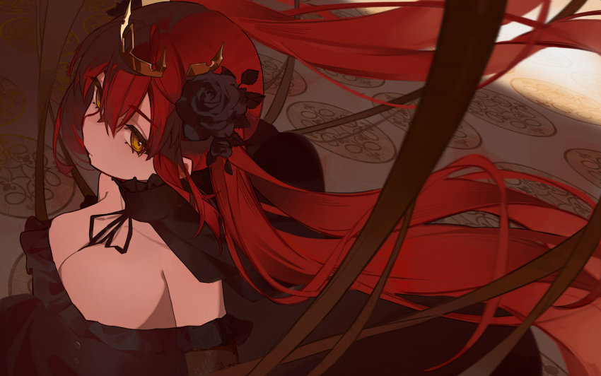 1girl, absurdres, alchemy_stars, black_dress, black_flower, black_rose, breasts, chodici, cleavage, closed_mouth, crown, dress, flower, hair_flower, hair_ornament, highres, large_breasts, long_hair, looking_at_viewer, neck_ribbon, off-shoulder_dress, off_shoulder, pact_(alchemy_stars), pact_(play_pretend)_(alchemy_stars), red_hair, ribbon, rose, solo, very_long_hair, yellow_eyes