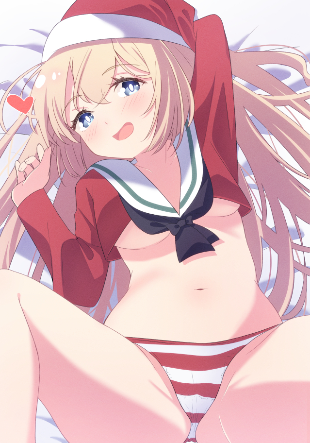 1girl, bed_sheet, blonde_hair, blue_eyes, blush, breasts, collarbone, hair_between_eyes