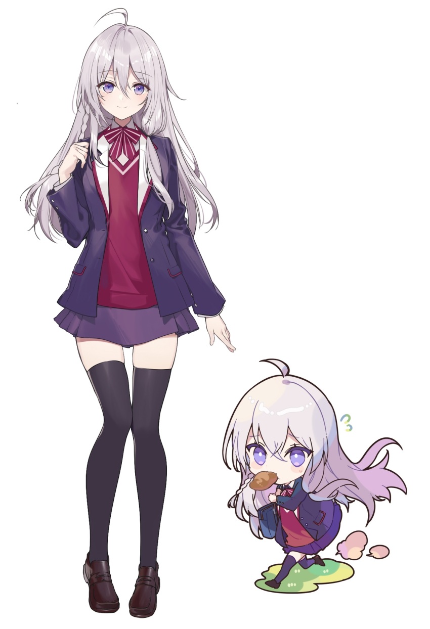 ahoge, bag, black_bow, black_thighhighs, blazer, blue_eyes, bow, bowtie, braid, bread, brown_footwear, chibi, chibi_inset, collar, elaina_(majo_no_tabitabi), food, food_in_mouth, full_body, grey_hair, hand_up, highres, jacket, long_hair, long_sleeves, looking_at_viewer, majo_no_tabitabi, majo_no_tabitabi_gakuen, necomi, official_art, open_clothes, open_jacket, pleated_skirt, red_shirt, running, school_bag, school_uniform, shirt, shoes, single_braid, skirt, smile, striped_bow, striped_bowtie, striped_clothes, thighhighs, thighs, white_background, white_collar, zettai_ryouiki