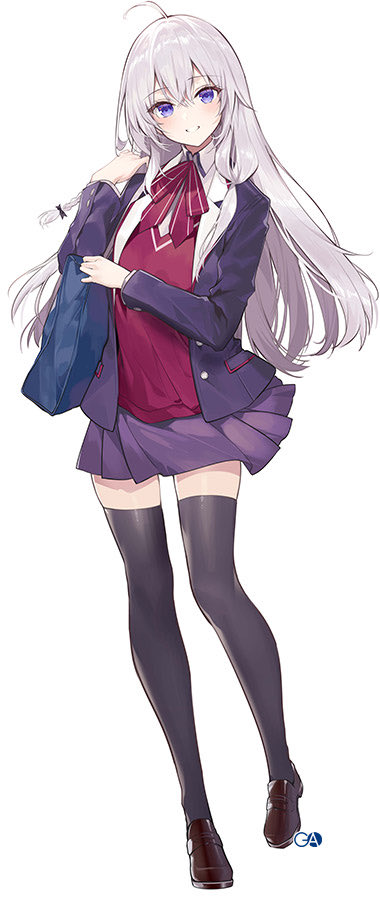 ahoge, bag, black_bow, black_thighhighs, blazer, blue_eyes, bow, bowtie, braid, brown_shoes, collar, elaina_(majo_no_tabitabi), full_body, grey_hair, hand_up, jacket, long_hair, long_sleeves, looking_at_viewer, majo_no_tabitabi, majo_no_tabitabi_gakuen, necomi, official_art, open_clothes, open_jacket, pleated_skirt, red_shirt, school_bag, school_uniform, shirt, shoes, single_braid, skirt, smile, striped_bow, striped_bowtie, striped_clothes, thighhighs, thighs, white_background, white_collar, zettai_ryouiki