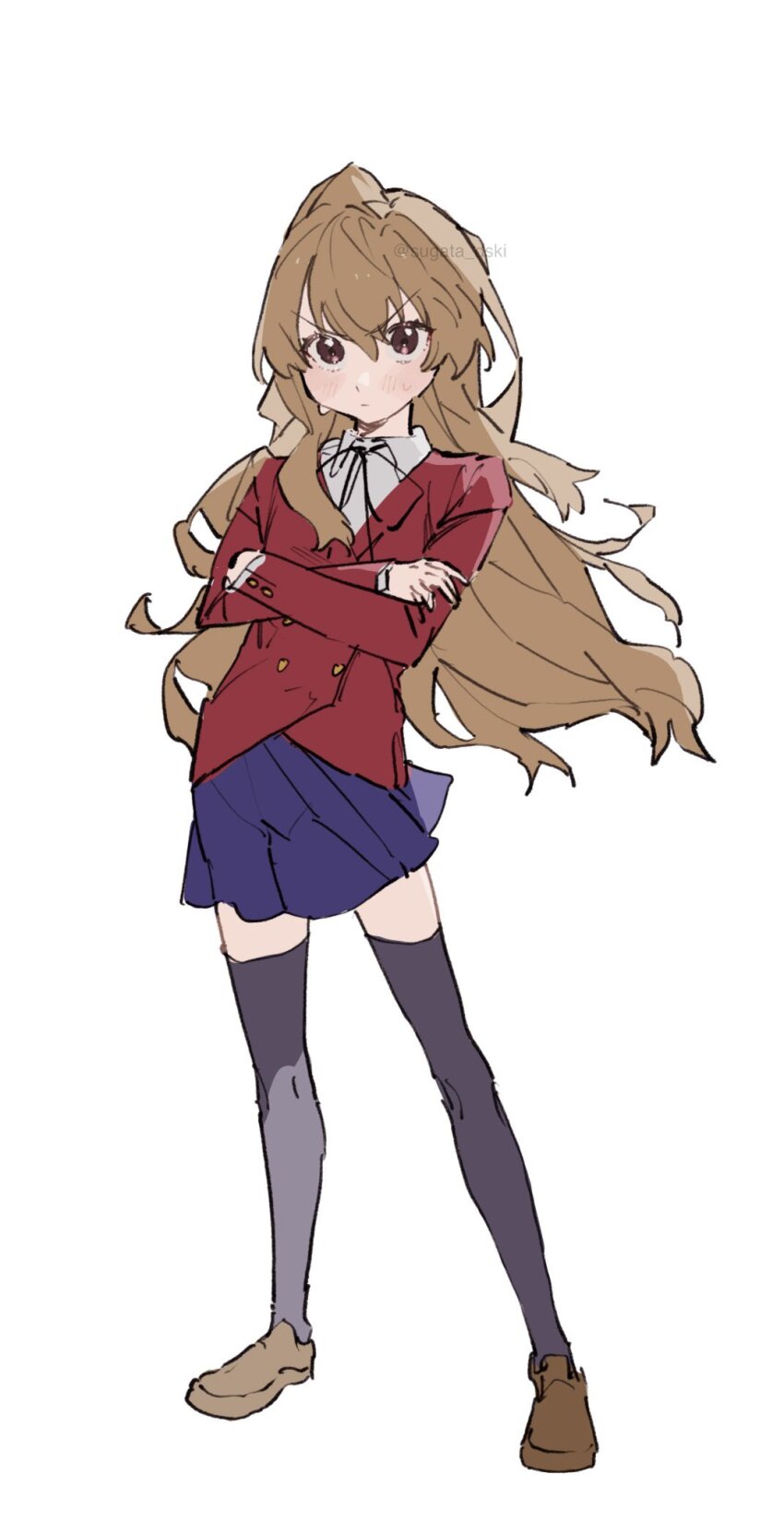 1girl, aisaka_taiga, black_ribbon, black_thighhighs, blue_skirt, brown_eyes, brown_footwear, brown_hair