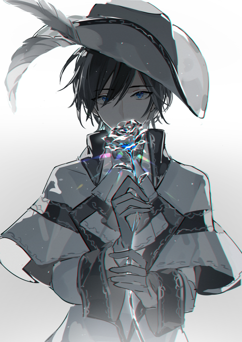 1boy, absurdres, blue_eyes, cantarella_(vocaloid), covered_mouth, feathers, flower, gloves, gradient_background, grey_hair, hat, highres, holding, holding_flower, kaito_(vocaloid), kazenemuri, looking_at_viewer, male_focus, project_diva_(series), project_diva_f_2nd, kaito_(rosa_luno)_(vocaloid), rose, simple_background, solo, spot_color, upper_body, vocaloid