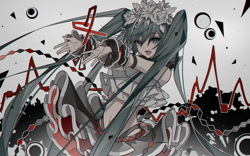 absurdly_long_hair, absurdres, bare_shoulders, bless_you_(module), cardiogram, chromatic_aberration, crop_top, expressionless