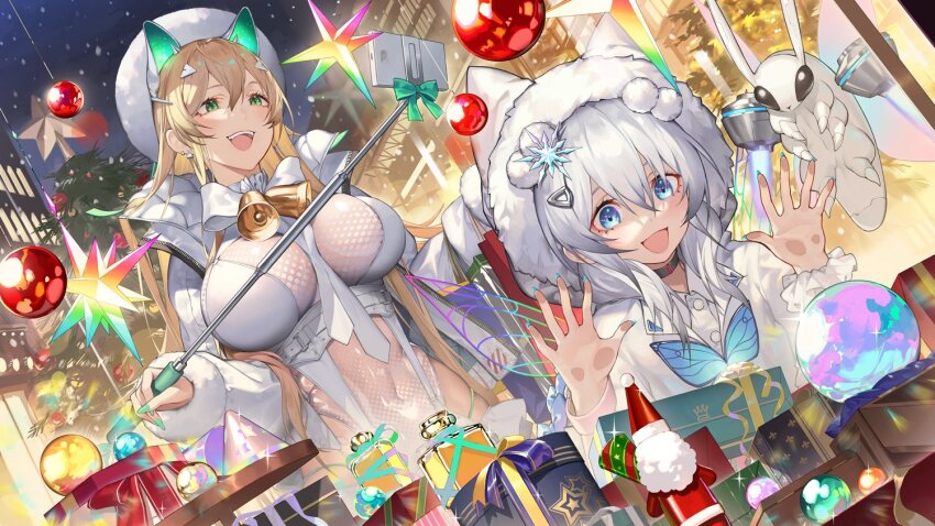 2girls, bell, blonde_hair, blue_eyes, blue_nails, blush, box, breasts