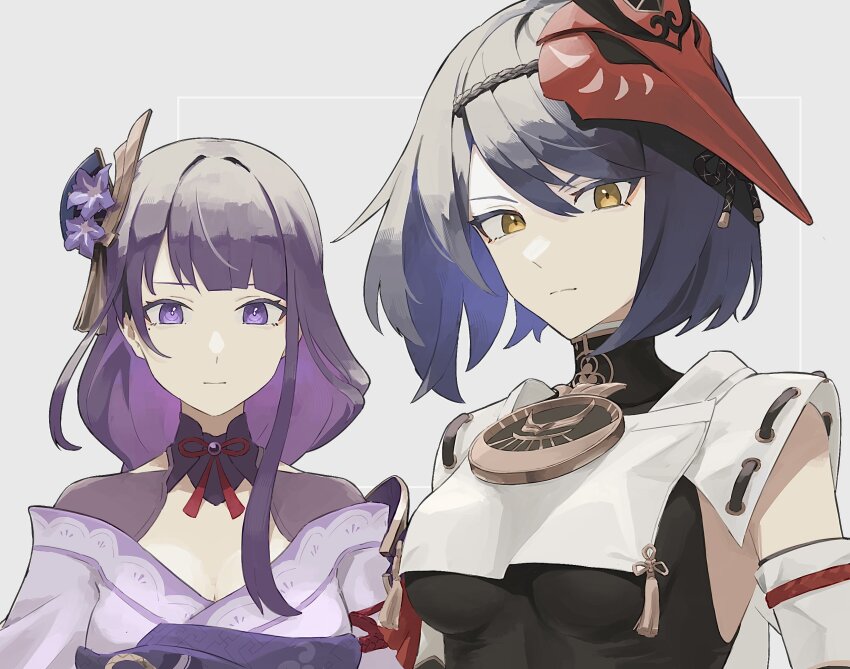 2girls, bird_mask, black_bodysuit, black_hair, blue_hair, bodysuit, breast_curtains, breasts