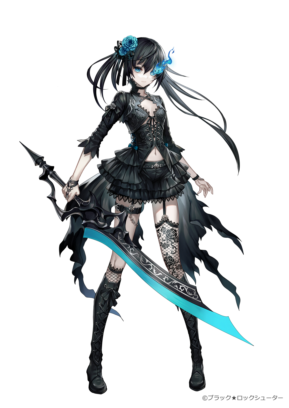 1girl, black_boots, black_dress, black_hair, black_rock_shooter, black_rock_shooter_(character), black_rock_shooter_fragment, blue_eyes