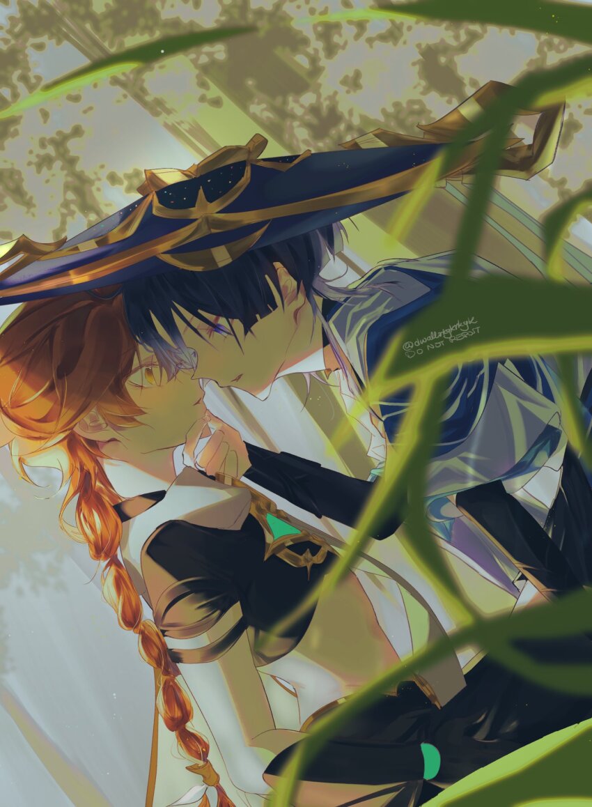 2boys, aether_(genshin_impact), alternate_hair_color, arm_armor, artist_name, black_gloves, black_pants, black_shirt