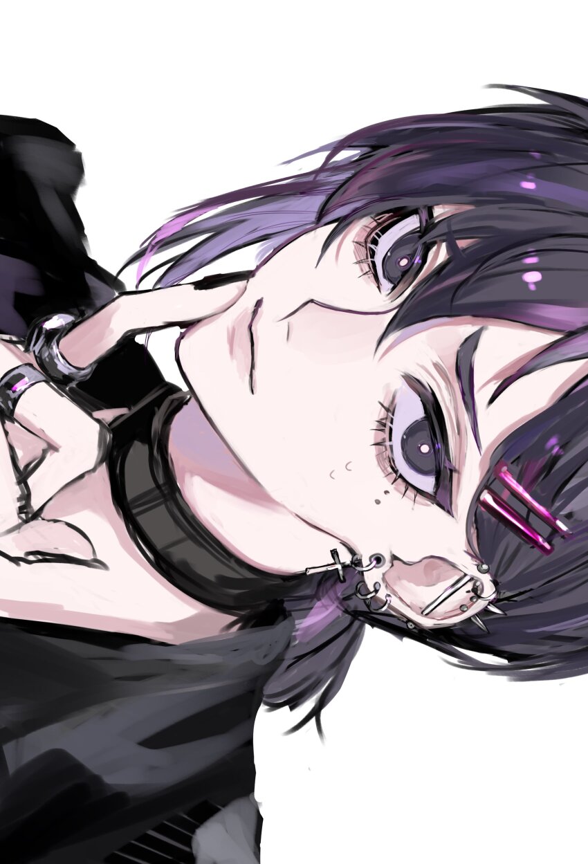 1girl, absurdres, ancoo_mm, barbell_piercing, black_choker, black_hair, black_jacket, black_nails