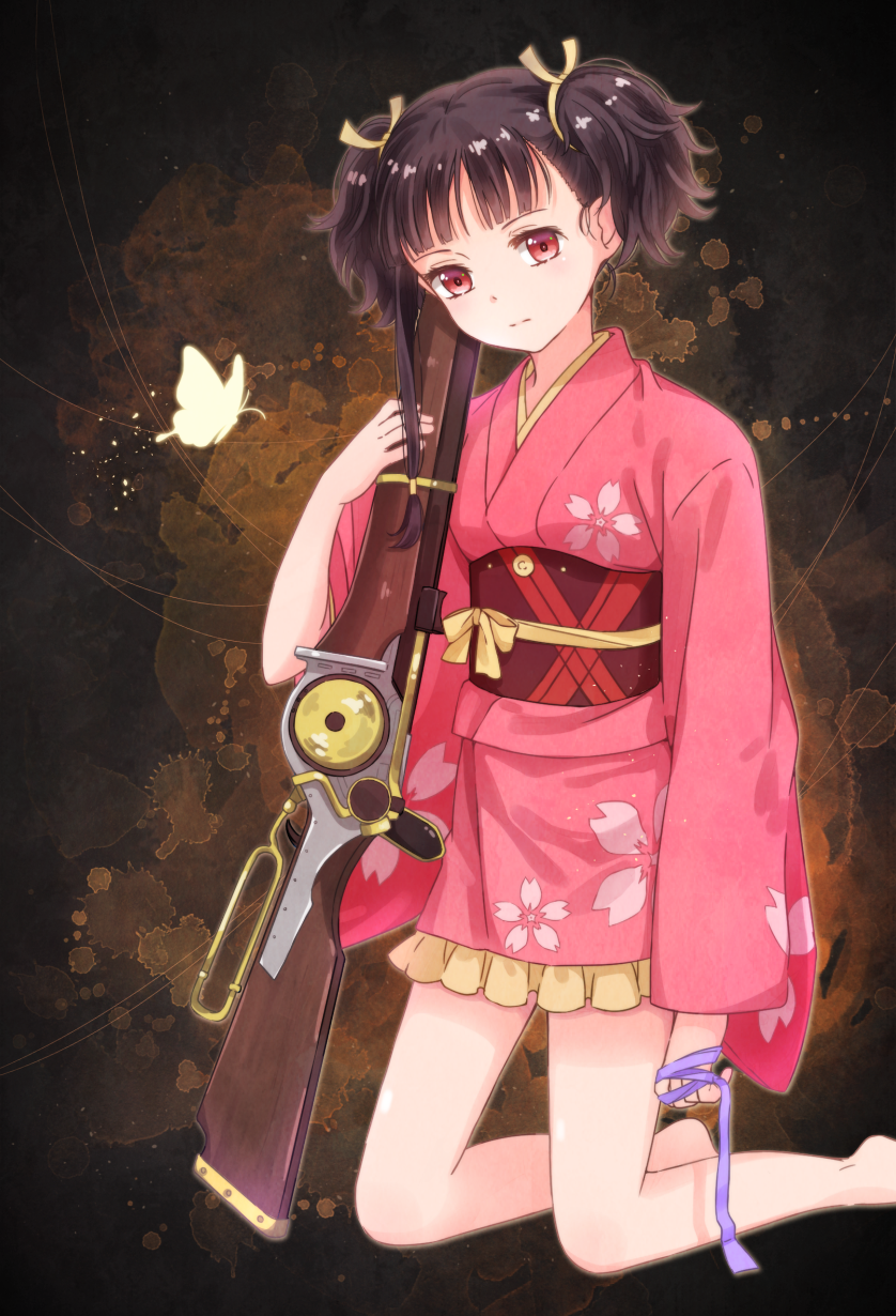 1girl, arm_at_side, bare_legs, black_hair, bottomless, brown_background, bug, butterfly, cherry_blossom_print, dark_background, feet_out_of_frame, floral_print, frilled_kimono, frills, grey_ribbon, gun, hair_ribbon, highres, holding, holding_gun, holding_ribbon, holding_weapon, insect, japanese_clothes, kimono, kneeling, koutetsujou_no_kabaneri, lever_action, long_sleeves, looking_at_viewer, mumei_(kabaneri), obi, over_shoulder, pink_kimono, print_kimono, red_eyes, red_sash, ribbon, rifle, rirako, sash, short_hair, solo, thighs, twintails, weapon, wide_sleeves, yellow_ribbon