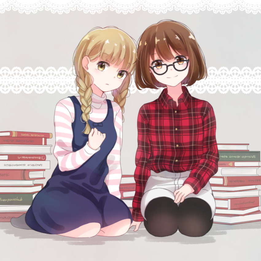 2girls, between_legs, between_thighs, black-framed_eyewear, black_pantyhose, blonde_hair, blue_skirt, bob_cut