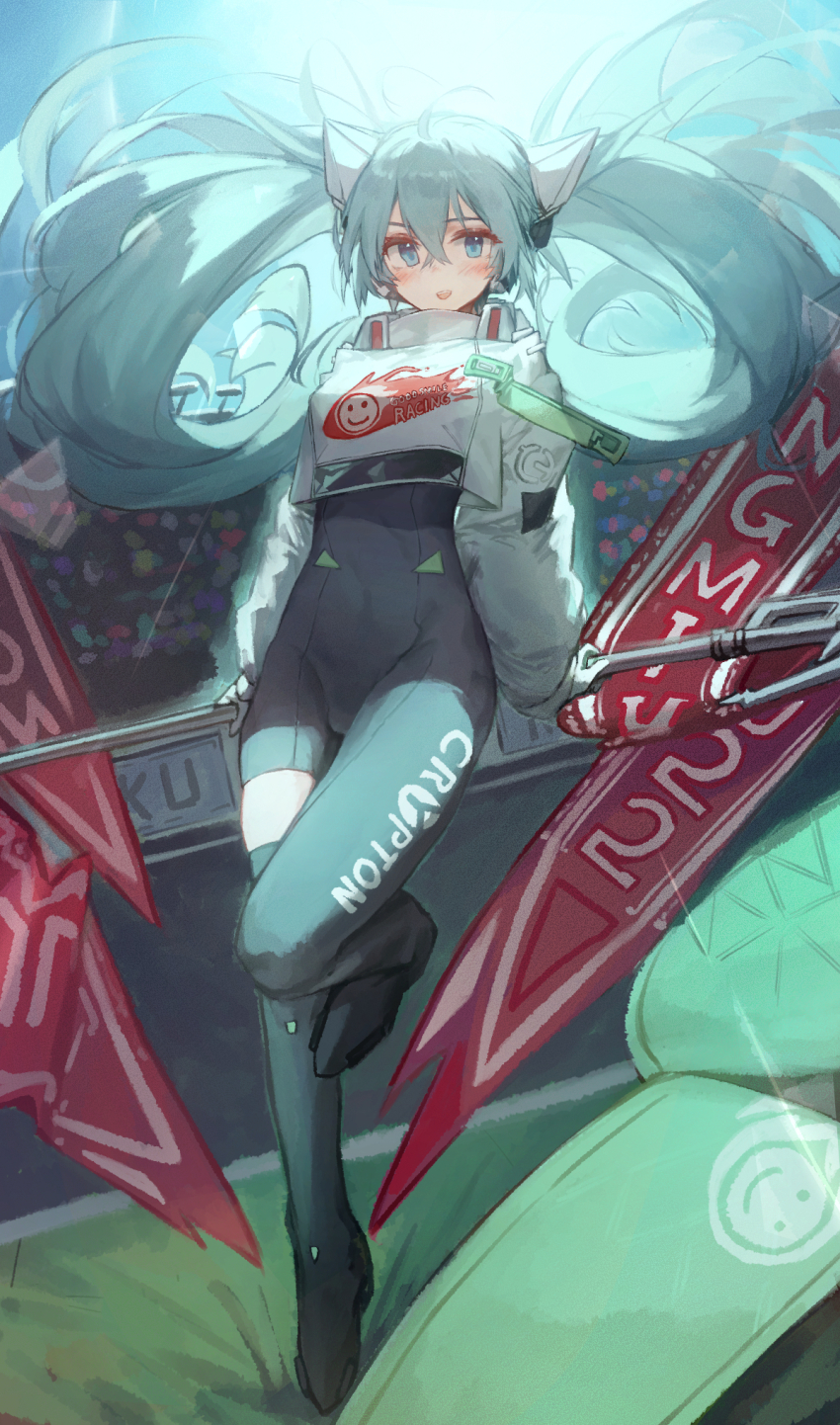 1girl, aqua_eyes, aqua_hair, asymmetrical_bodysuit, black_bodysuit, blush, bodysuit, boots