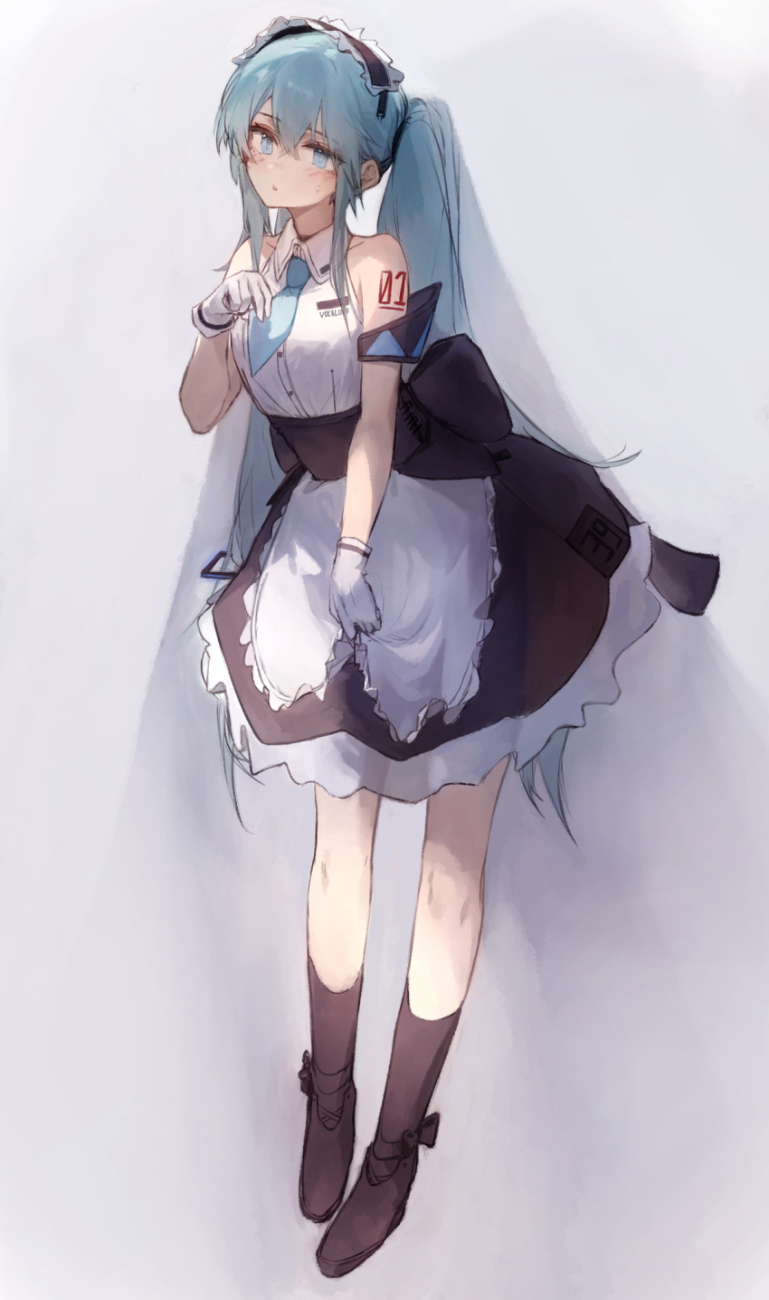 1girl, adapted_costume, alternate_costume, apron, aqua_eyes, aqua_hair, back_bow, bare_shoulders