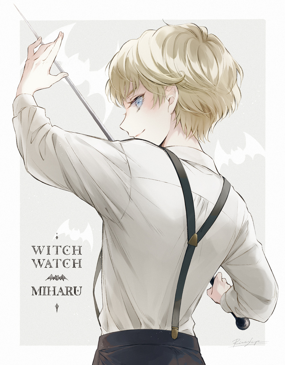 1boy, bat_(animal), black_pants, blonde_hair, blue_eyes, character_name, copyright_name, grey_background