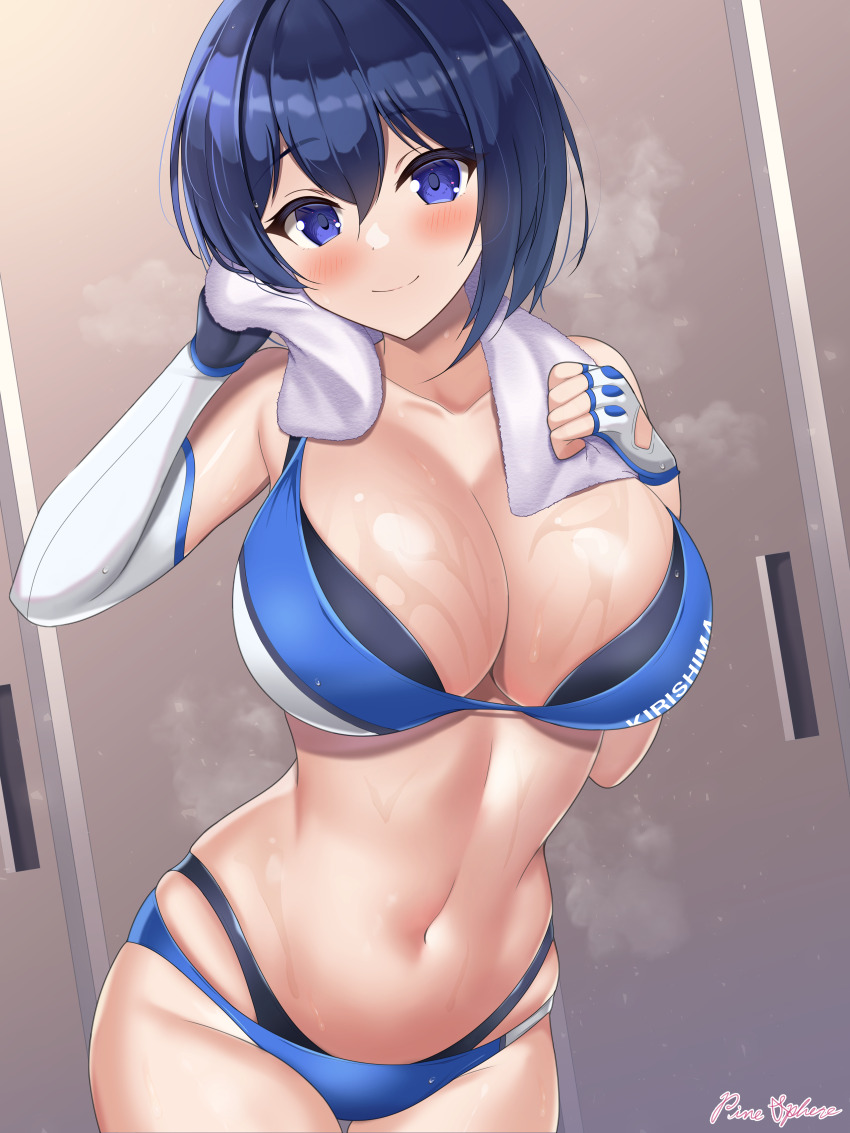 1girl, absurdres, artist_name, asymmetrical_gloves, bare_shoulders, bikini, black_bikini, blue_bikini